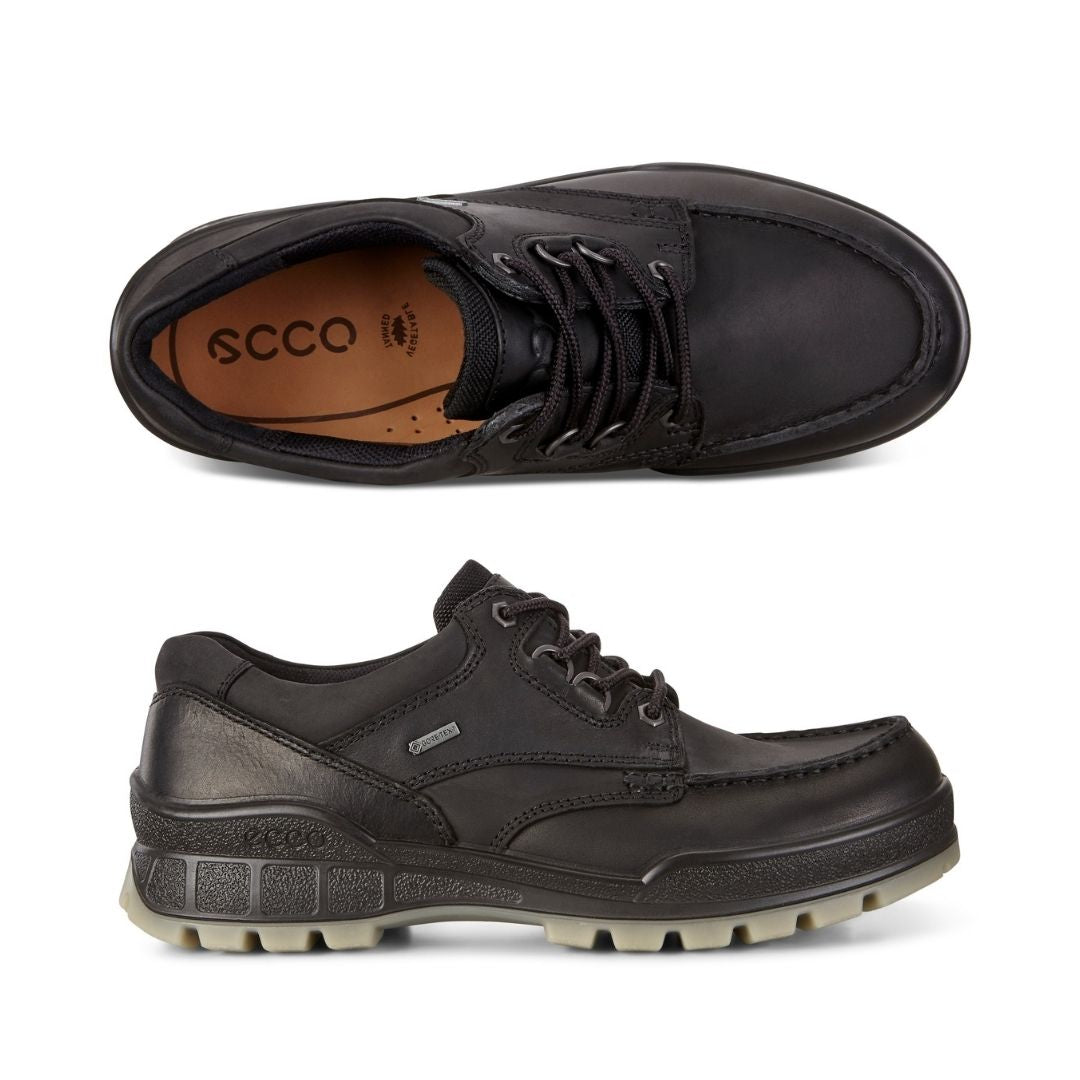 A pair of Ecco black leather shoes with black laces and 4 pewter eyelets. Midsole is black, outsole is taupe. 