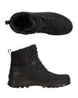 A pair of Ecco black nubuck boots with black lace closure and black outsole.