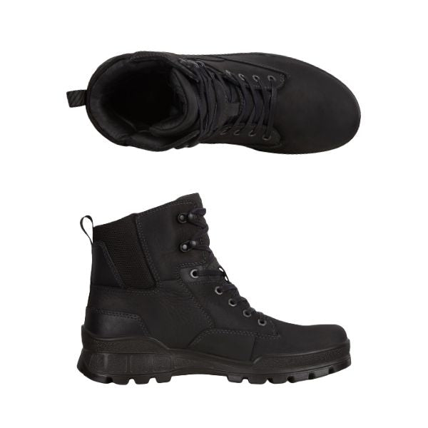 A pair of Ecco black nubuck boots with black lace closure and black outsole.