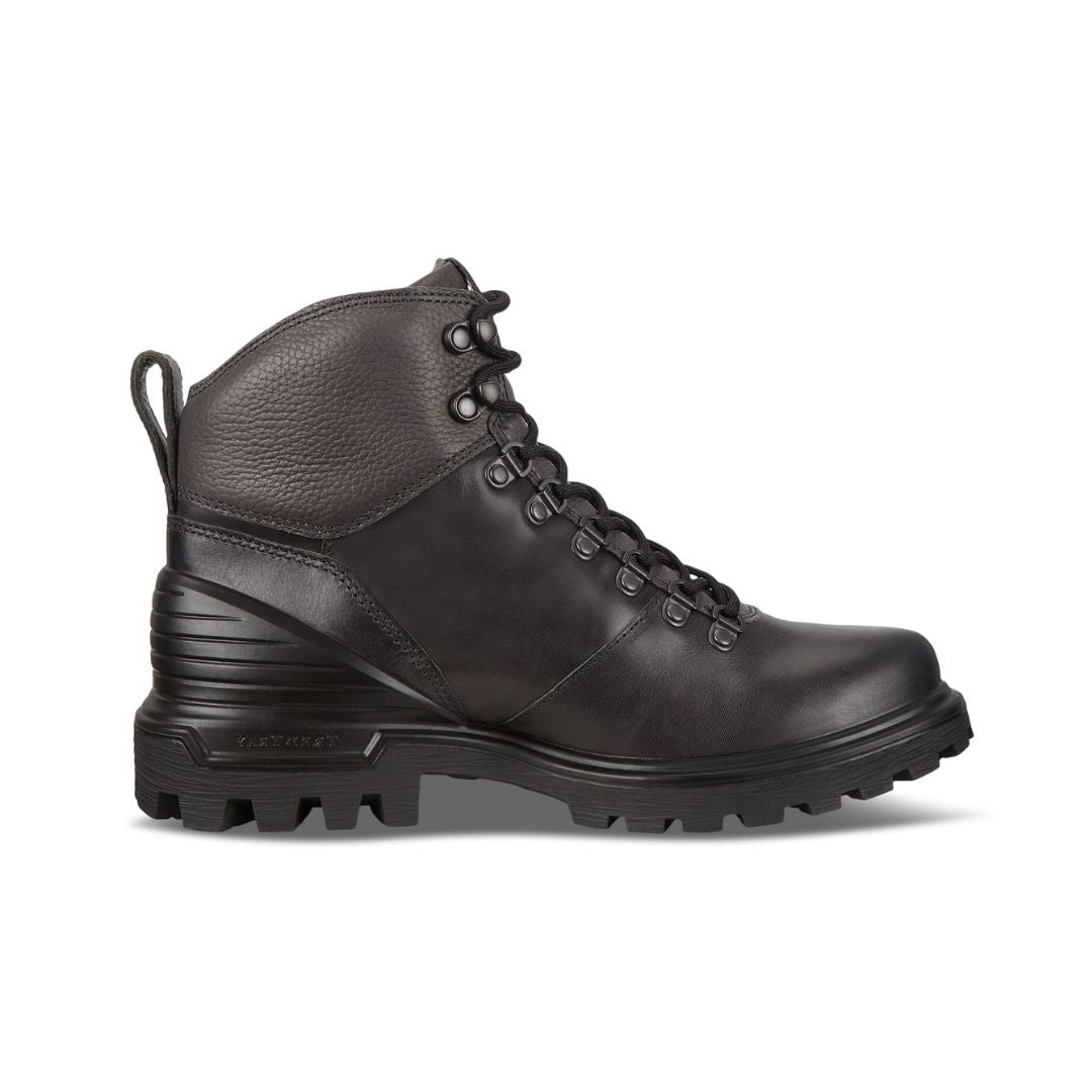 Profile of black Ecco lace-up ankle boot with a leather upper and lugged outsole.