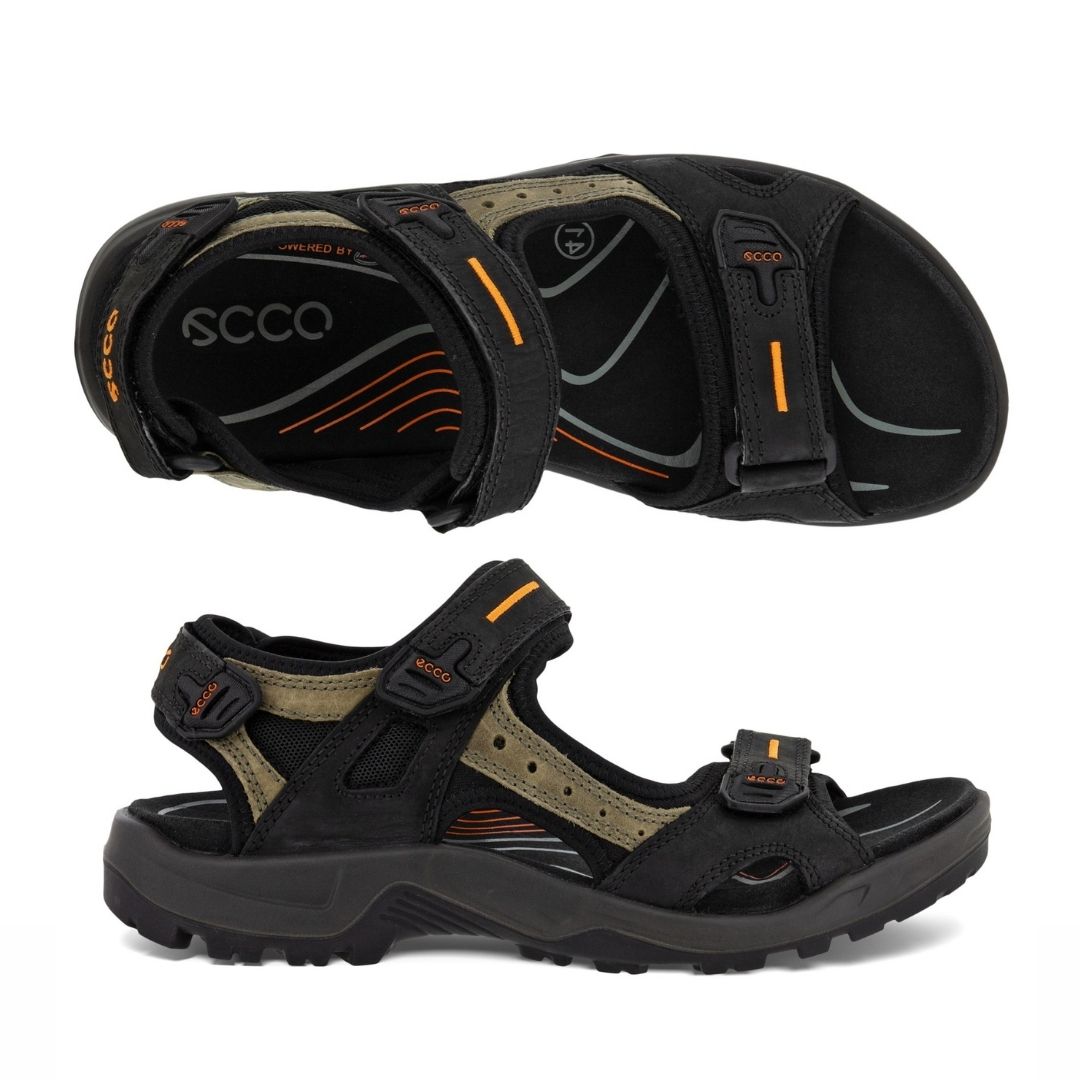 A pair of Ecco Yucatan black and khaki coloured nubuck sandals with orange accents on velcro heel, instep and toe straps. Footbed, midsole, and outsole are black.