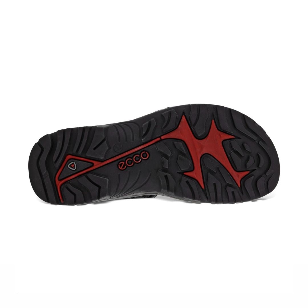 Black deep treaded rubber outsole with red accents and red Ecco logo in middle.