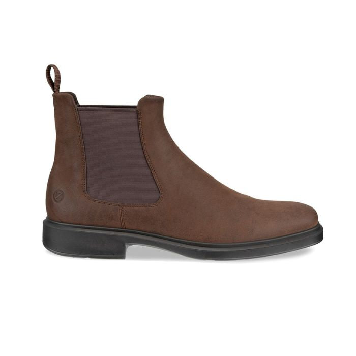 Profile of an Ecco Chelsea boot with a brown nubuck upper with a black outsole and dark brown elastic goring.