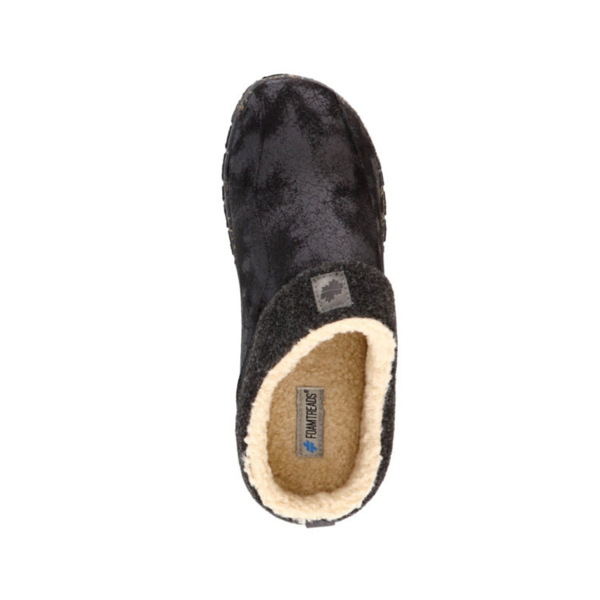 Top view of the Lucas 2 Slipper in black. Lining is beige with Foamtreads logo visible on the insole. 