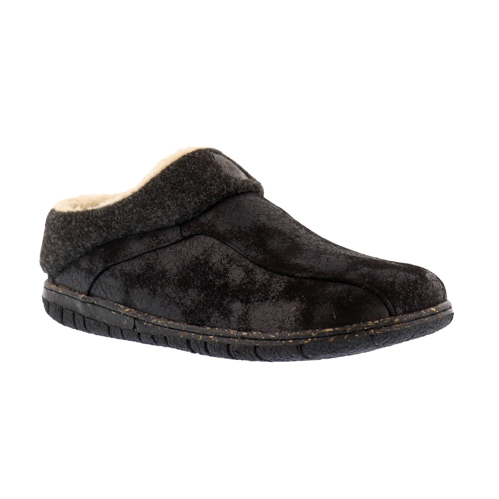 Lucas 2 Slipper in black. A distressed black faux leather upper with a textile collar and a black rubber outsole. 