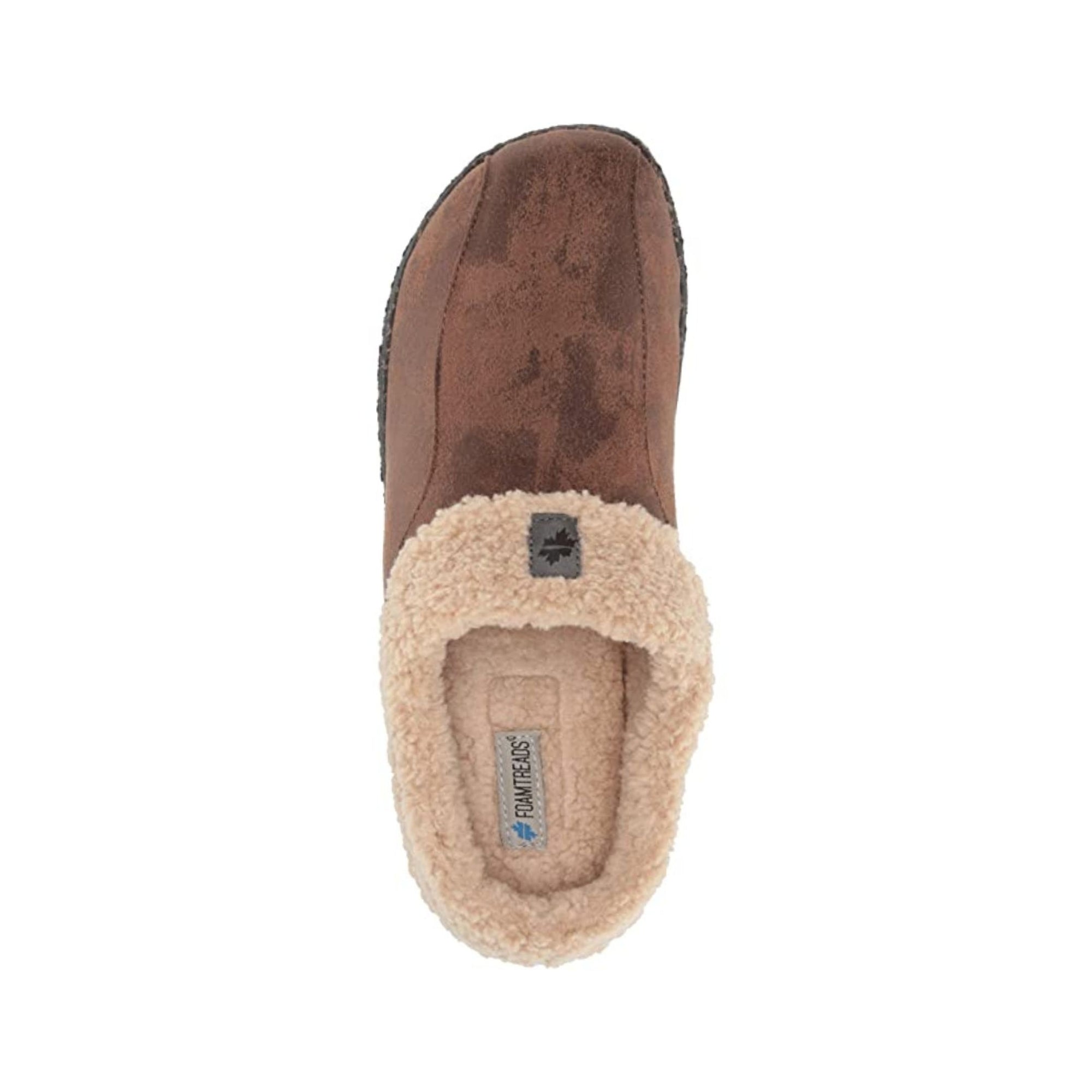 Top view of the Lucas 2 Slipper in brown. Lining is beige with Foamtreads logo on the footbed. 