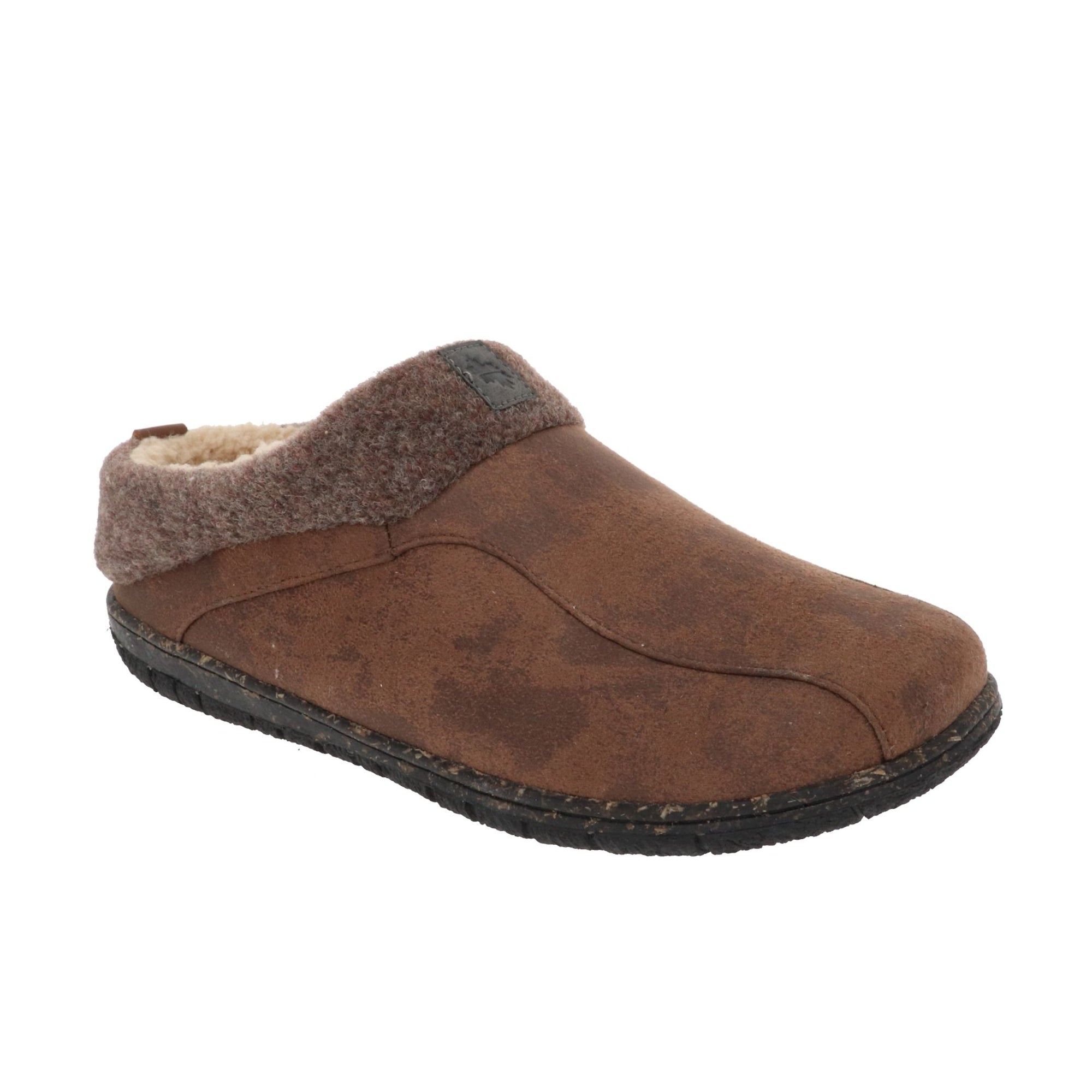 Lucas 2 Slipper in brown. Distressed brown faux leather upper with a brown textile collar and a black outsole. 