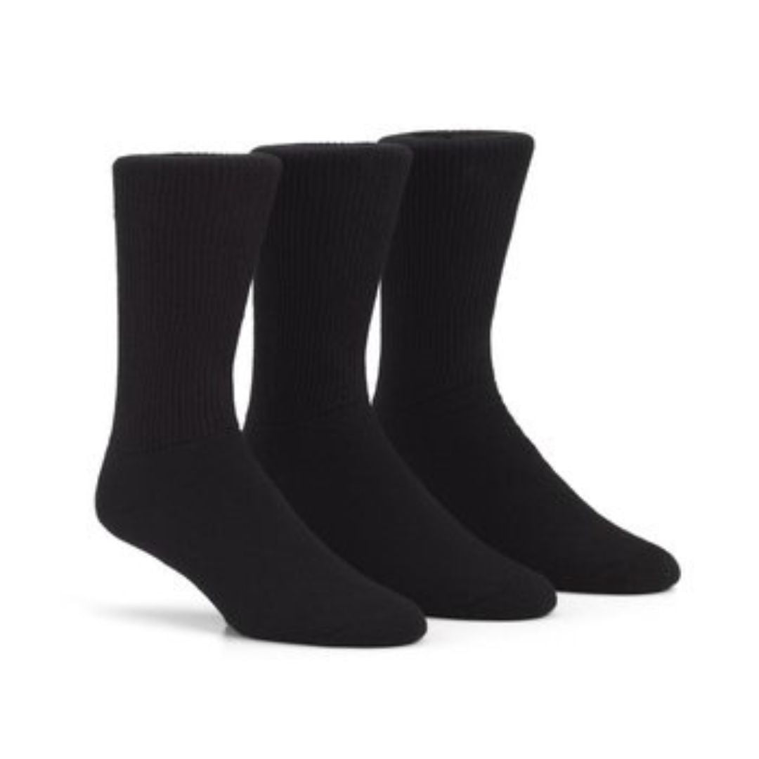 Three black crew socks with ribbed knit.