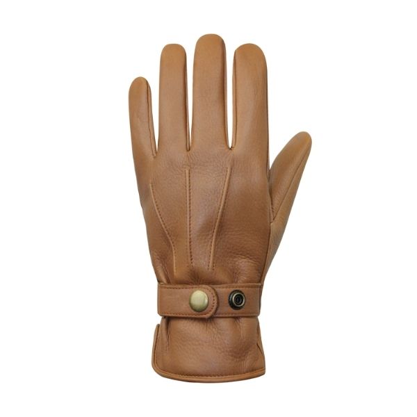 An Auclair tan leather glove with detail stitched lines and an adjustable cuff, fitted with gold button closure. 