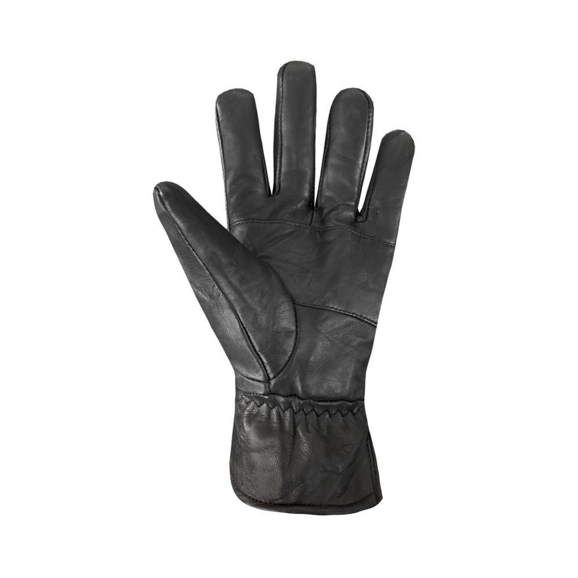 Palm of an Auclair black leather glove with detail stitching and gathered at cuff.