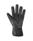 Palm of an Auclair black leather glove with detail stitching and gathered at cuff.