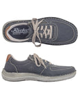 Top and side view of navy sneaker with beige laces, side zipper and grey outsole.