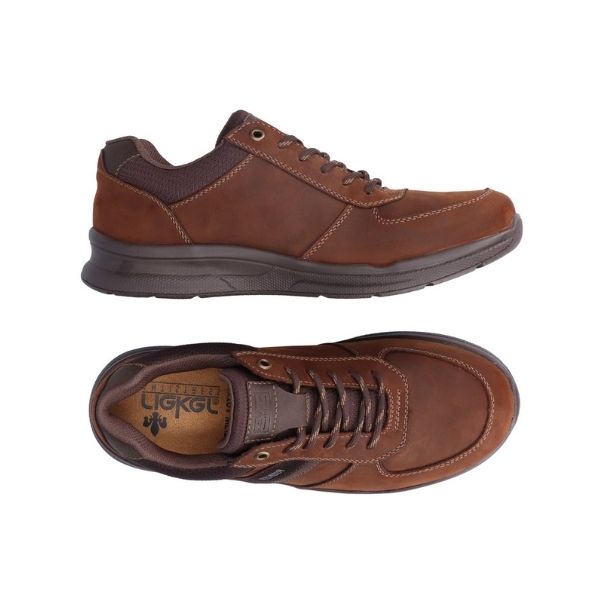 Top and side view of brown Rieker lace-up sneaker. Rieker logo is printed on insole.