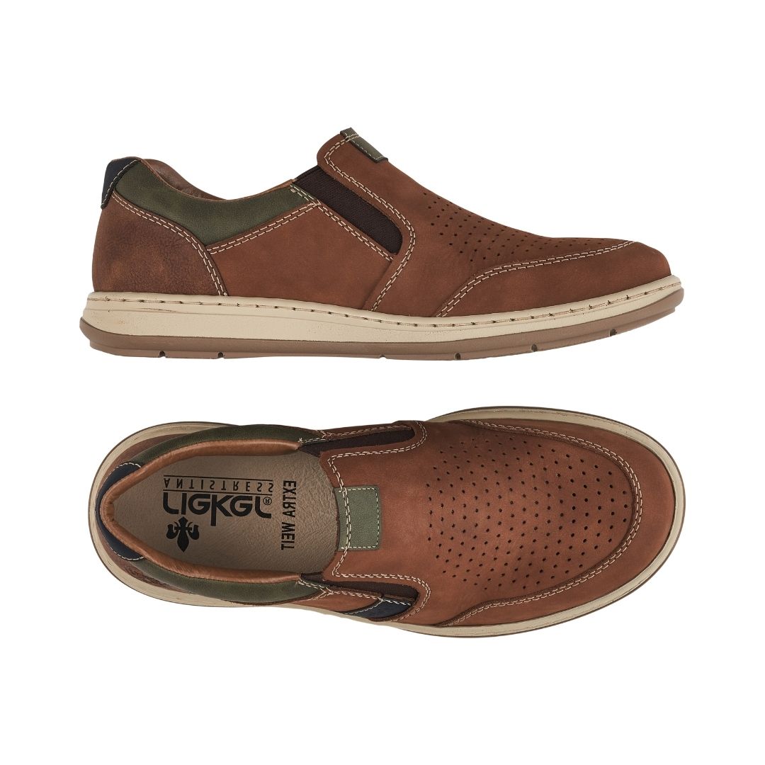 Top and side view of brown leather slip on shoe with green and navy accents, beige midsole and brown outsole.