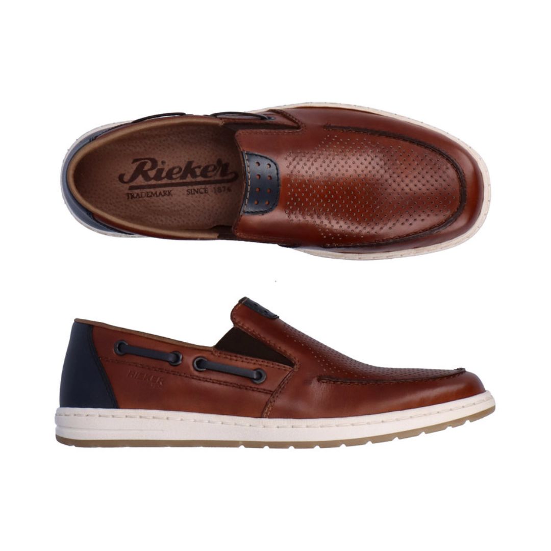 Top and side view of mens leather boat shoe. Rieker logo on insole.