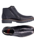 Top and side view of leather ankle winter boot. White wool lining with red Rieker logo on heel.