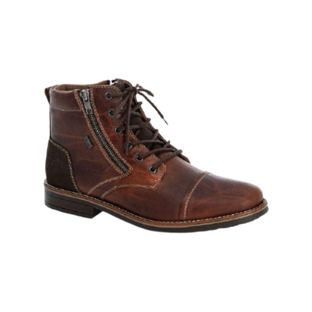 Men's work style boot with side zipper and laces in brown/amaretto has detailed stitching and shades