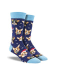 Dark and light blue socks with Holiday themed corgis on it