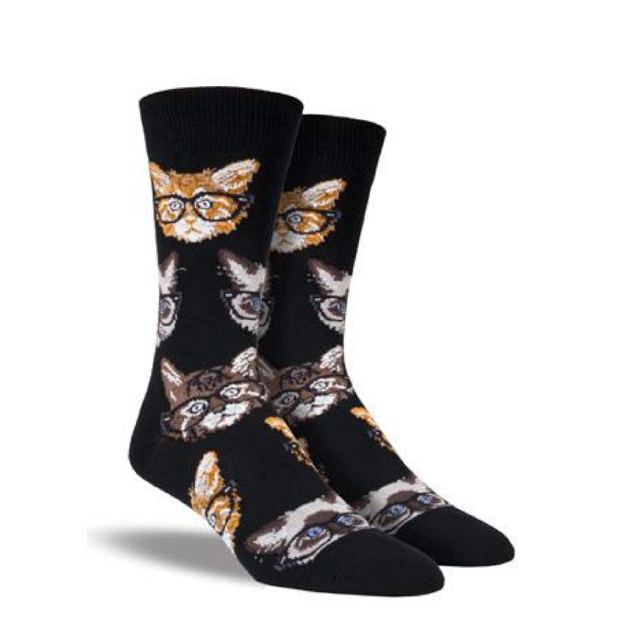 A pair of men&#39;s black crew socks with cat faces wearing glasses. 
