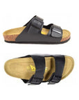 Top and side view of black Austin sandal with two buckle straps over foot and cork footbed by Viking