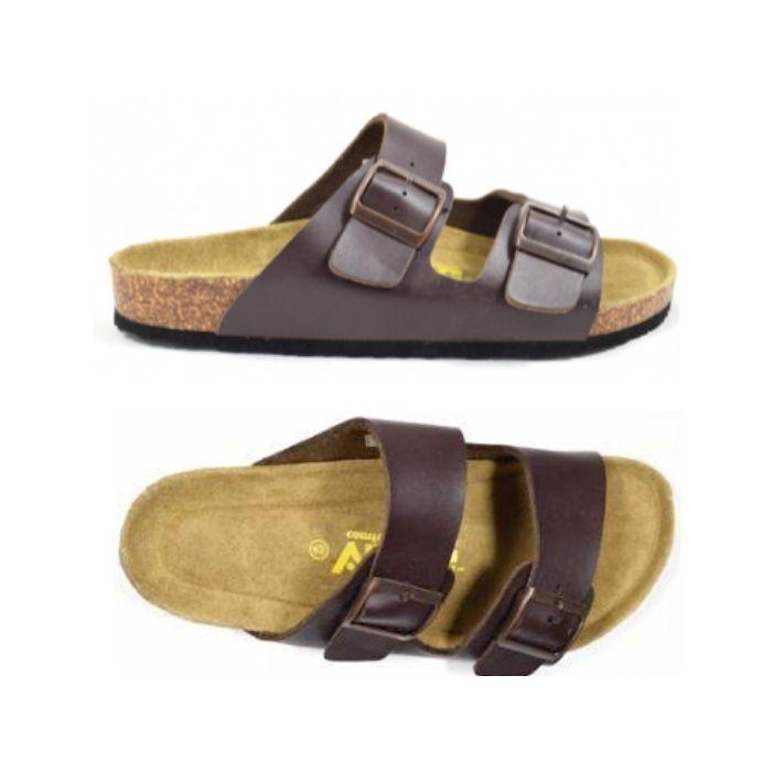 Top and side view of the brown Austin sandal with two buckle straps over foot and cork footbed by Viking