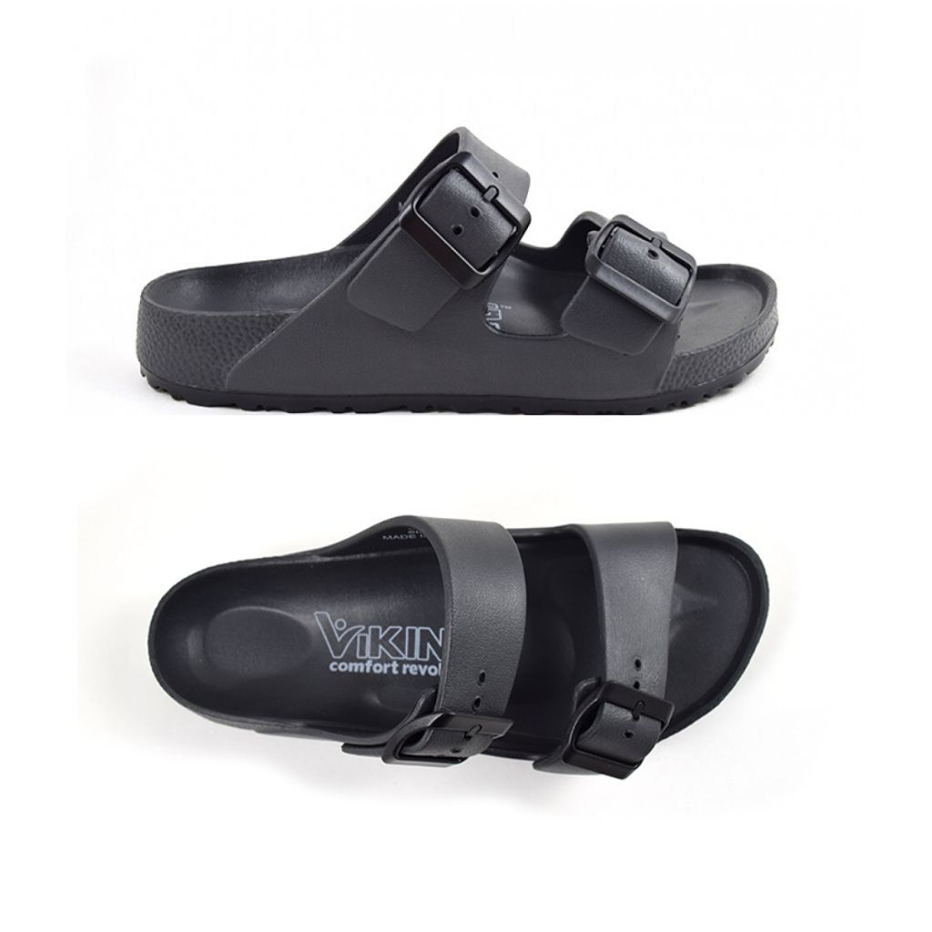 Top and side view of grey EVA supportive sandal with two black buckle closures