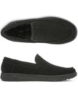 All black slip-on suede slipper with black faux fur lining.