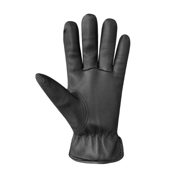 An Auclair men's black leather glove palm with elastic gathering at cuff.