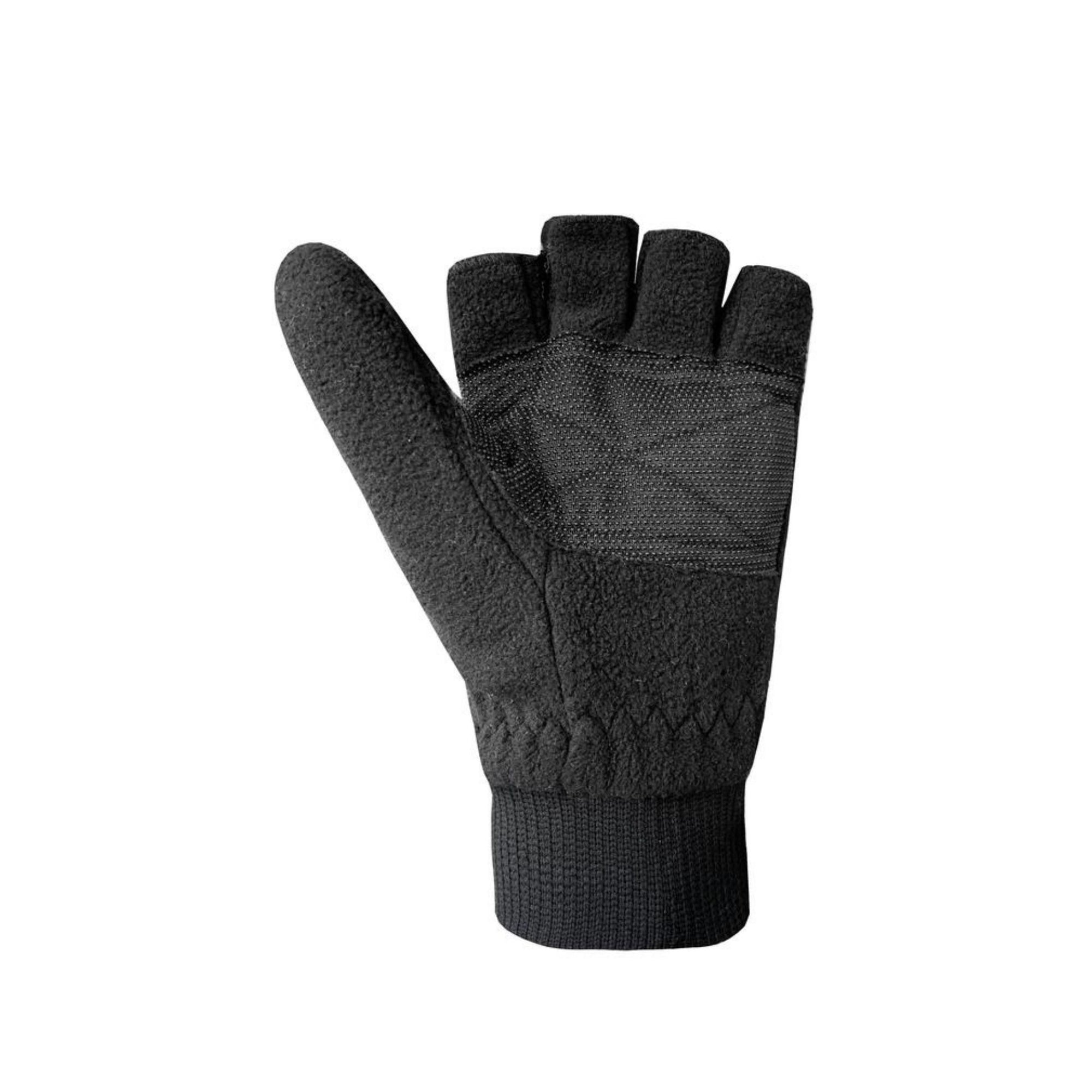 An Auclair black mitten has top folded back into fingerless glove. 