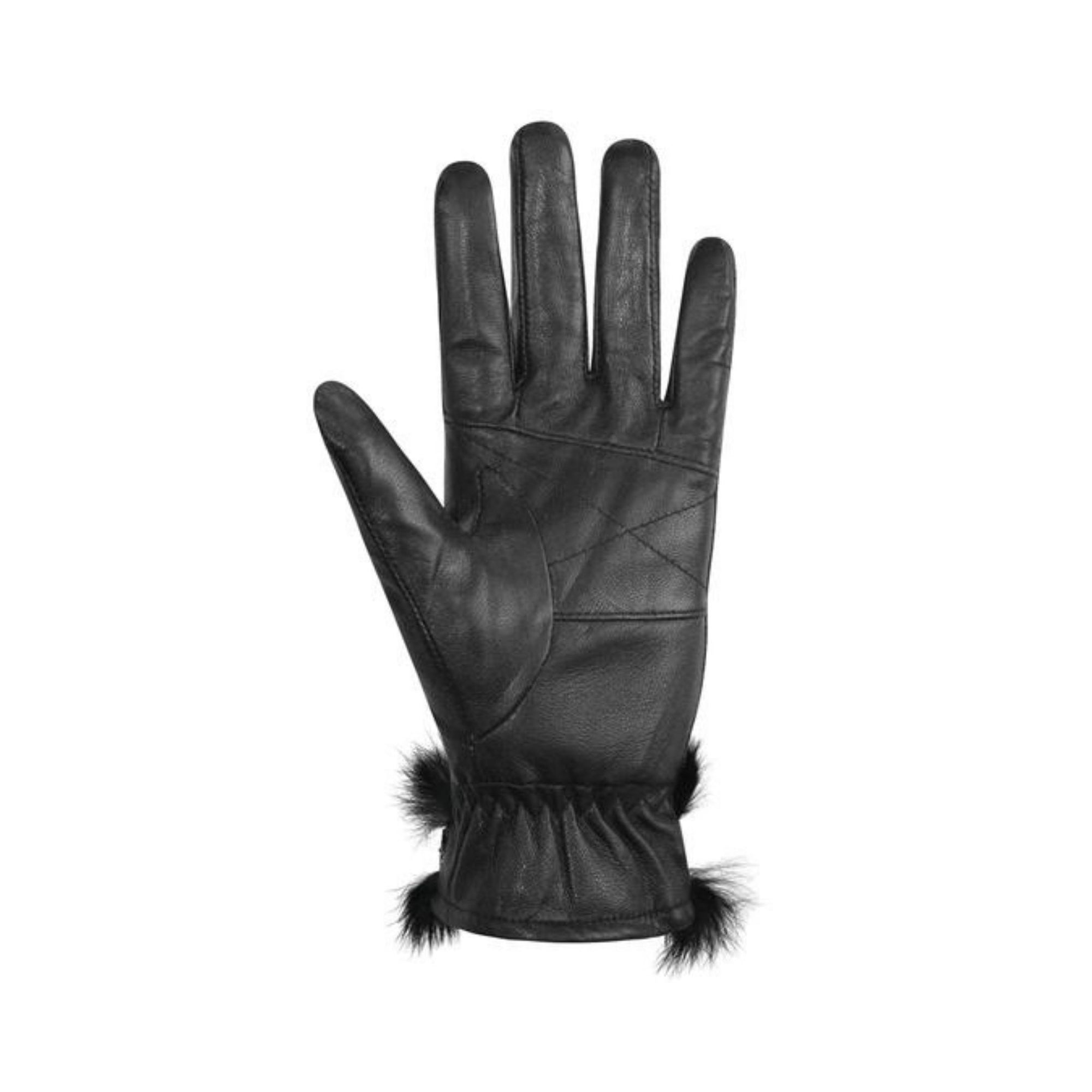 An Auclair black leather glove palm with stitched details on the palm and gathered leather at the cuff.