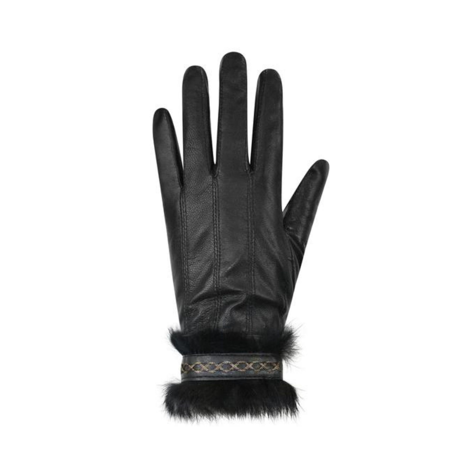 An Auclair black leather glove with a black rabbit fur cuff and a black and gold braided band along the cuff.