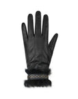 An Auclair black leather glove with a black rabbit fur cuff and a black and gold braided band along the cuff.