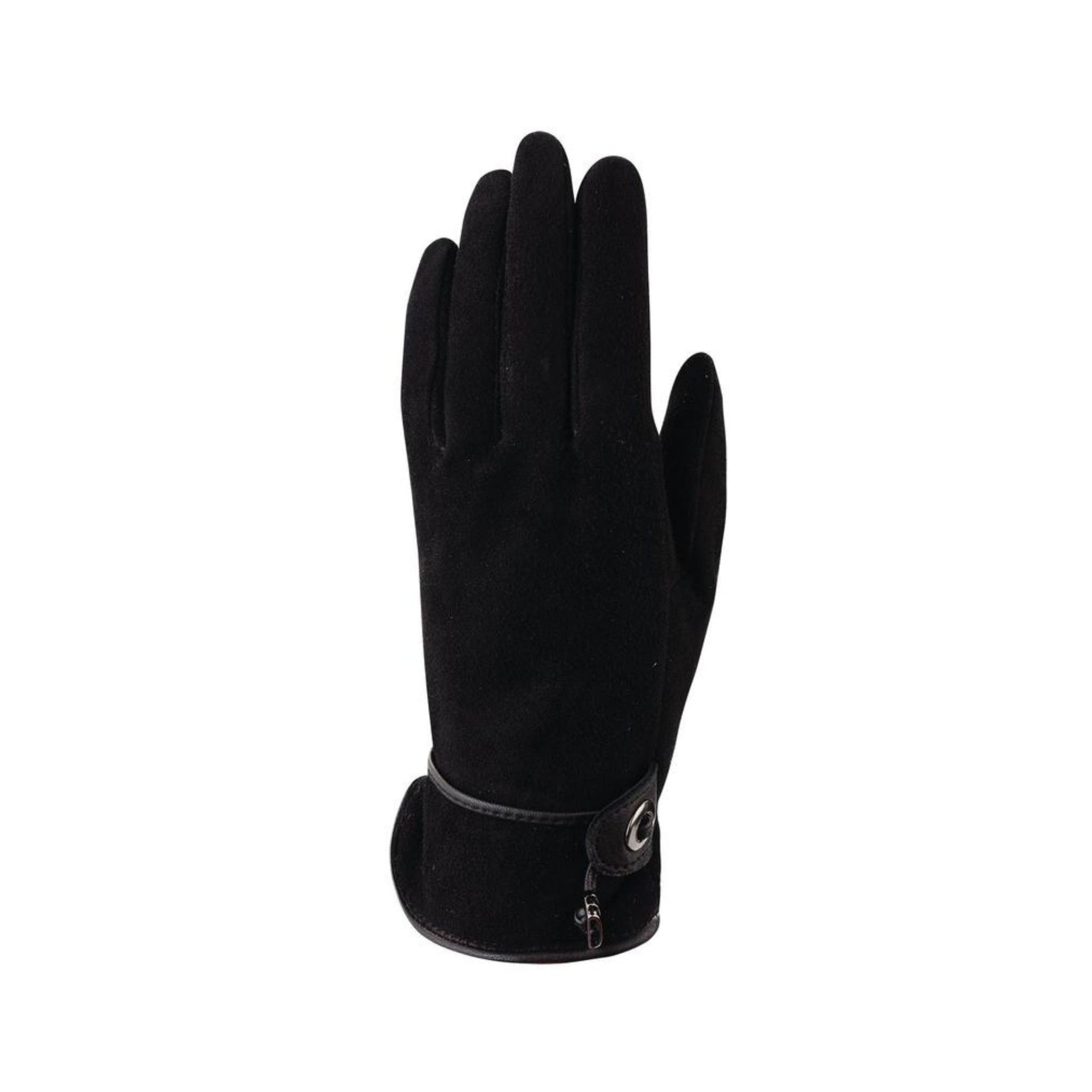 An Auclair black suede leather glove with an adjustable black drawstring at the cuff with nickel plated hardware. 