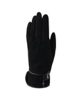 An Auclair black suede leather glove with an adjustable black drawstring at the cuff with nickel plated hardware. 