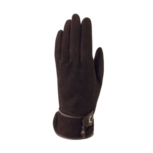 An Auclair brown suede leather glove with an adjustable drawstring cuff with nickel plated hardware. 