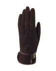 An Auclair brown suede leather glove with an adjustable drawstring cuff with nickel plated hardware. 