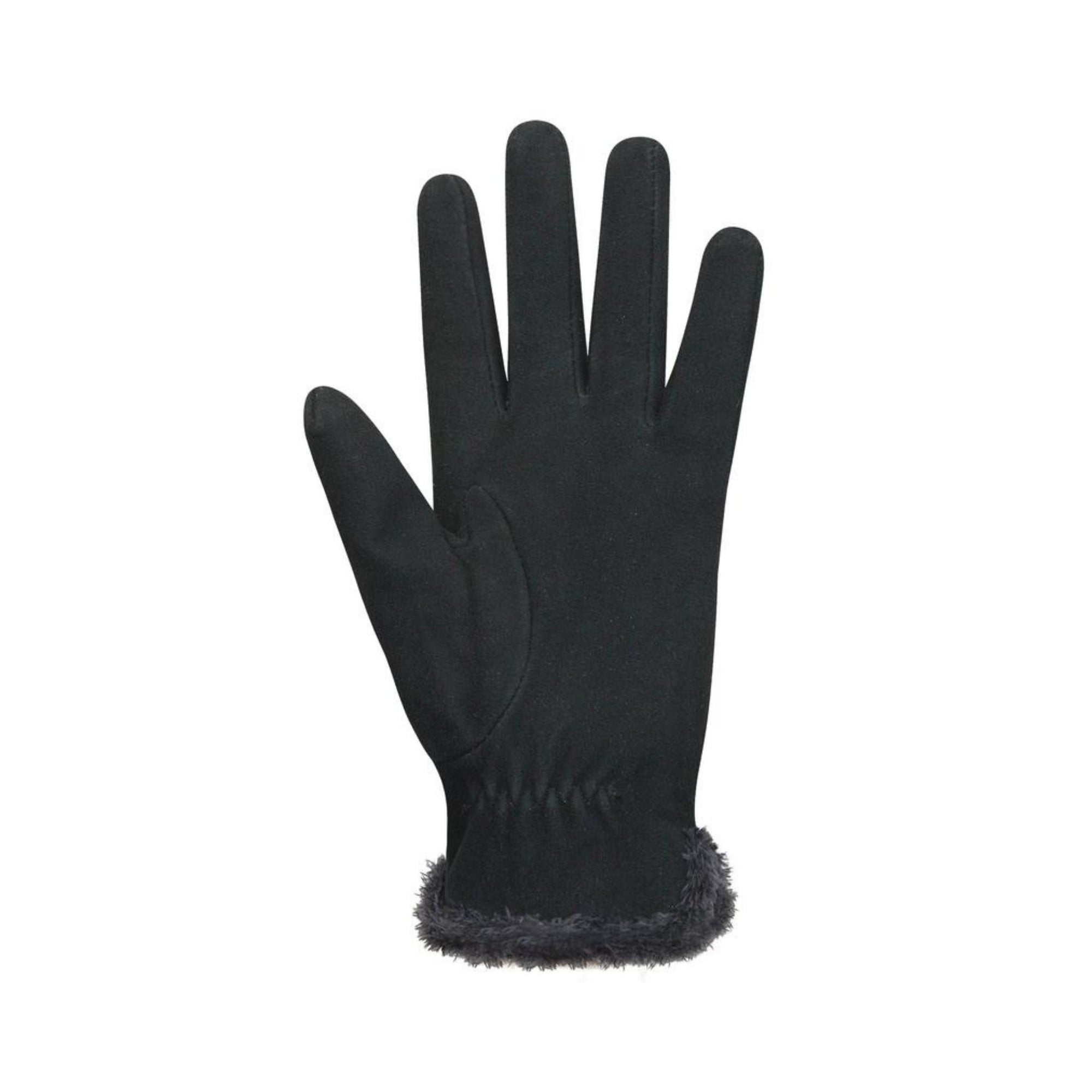 An Auclair palm of black deer suede glove  with dark grey faux fur cuffs. 