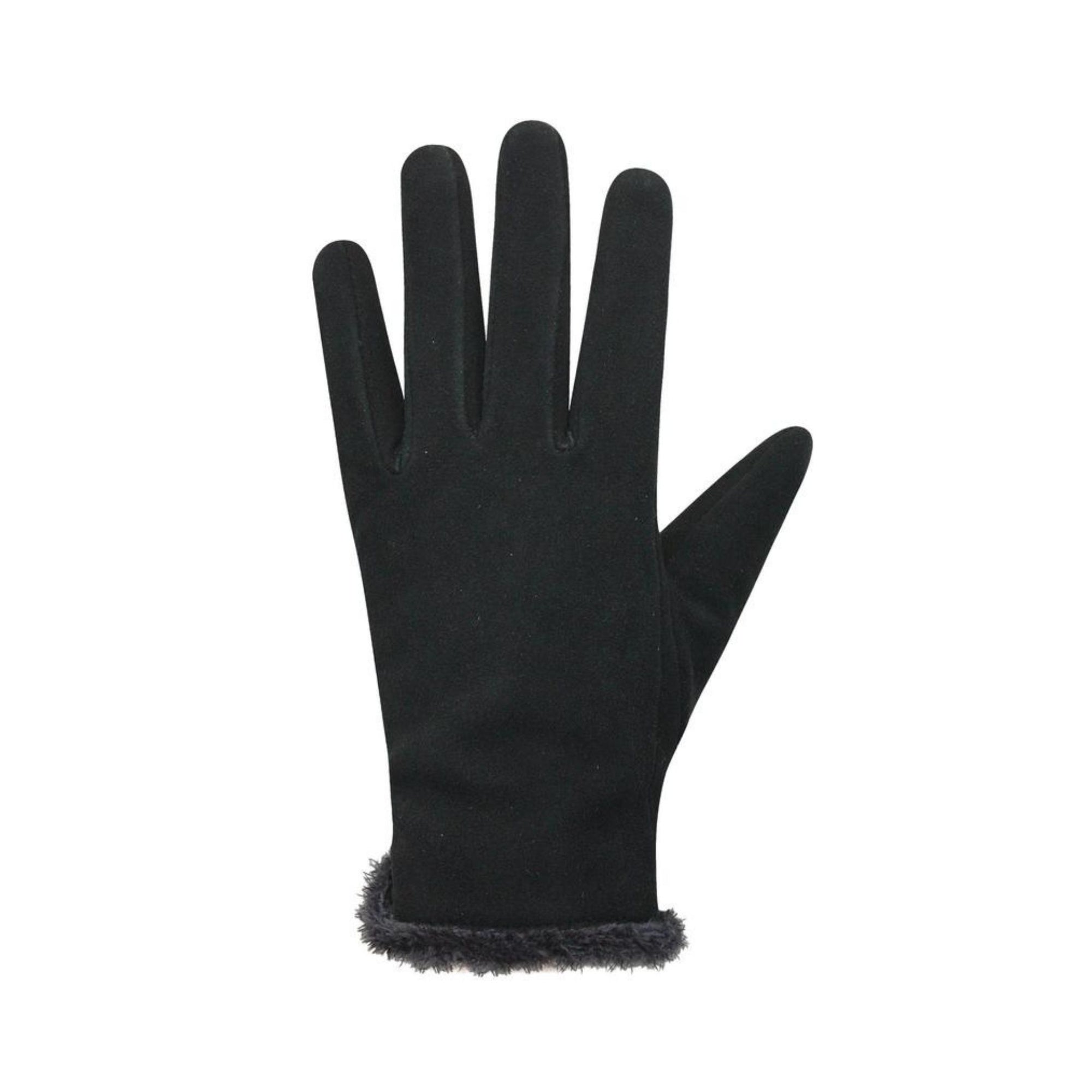 An Auclair black deer suede glove with dark grey faux fur cuffs. 