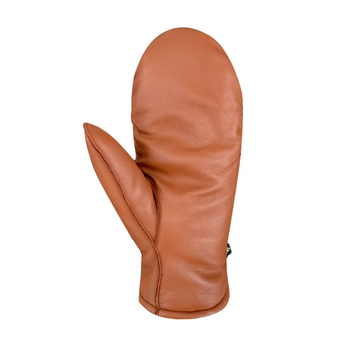 Palm of an Auclair cognac brown leather mitten.