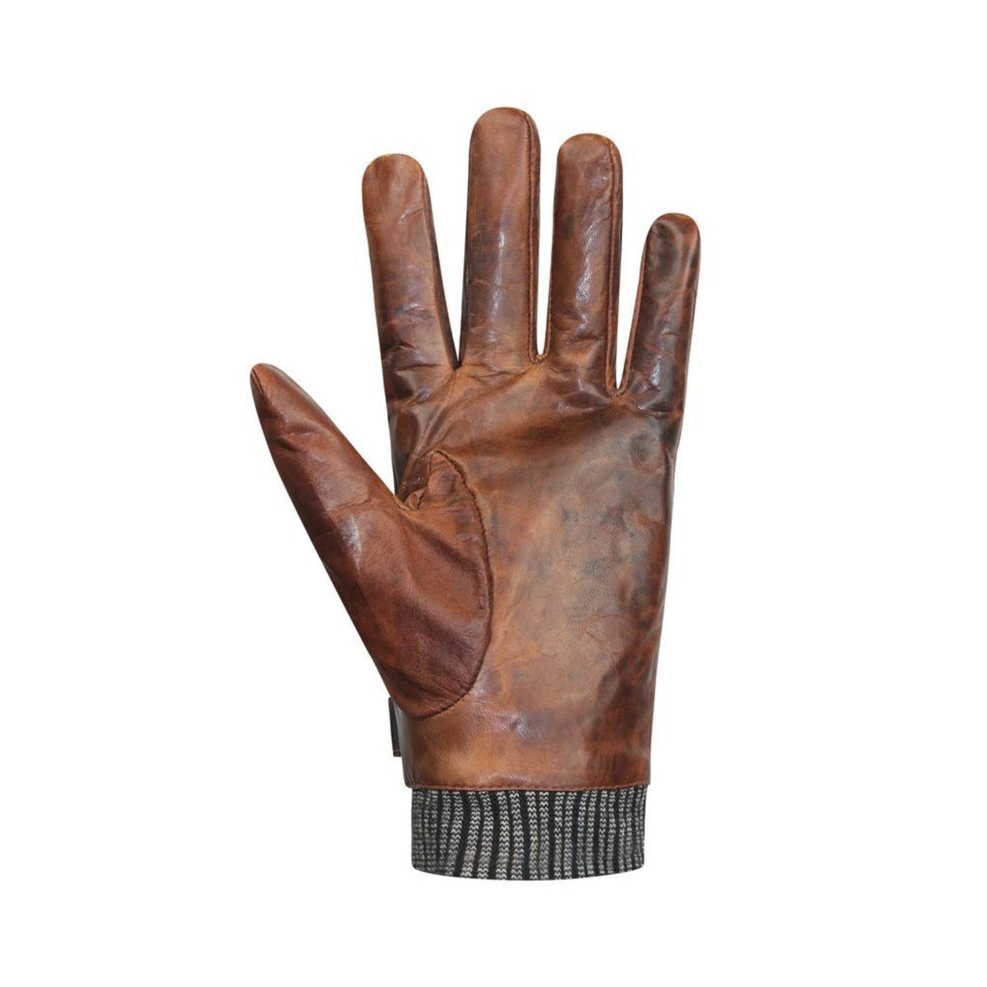 Palm side view of brown distressed leather gloves with knit cuff. 