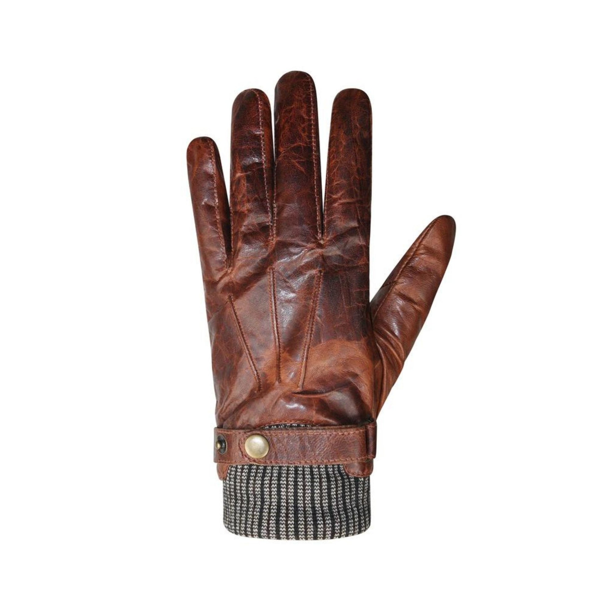 An Auclair brown distressed leather glove with knit cuff and adjustable clasp, fitted with gold hardware. 