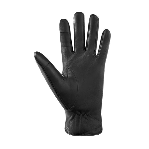 Palm of an Auclair black leather glove with gathering at wrist.