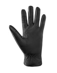 Palm of an Auclair black leather glove with gathering at wrist.