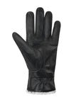 Palm of an Auclair black leather glove with stitched detailing and a grey faux fur cuff. 