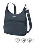 Navy messenger bag with adjustable shoulder strap, front zippered pocket and silver Travelon logo 