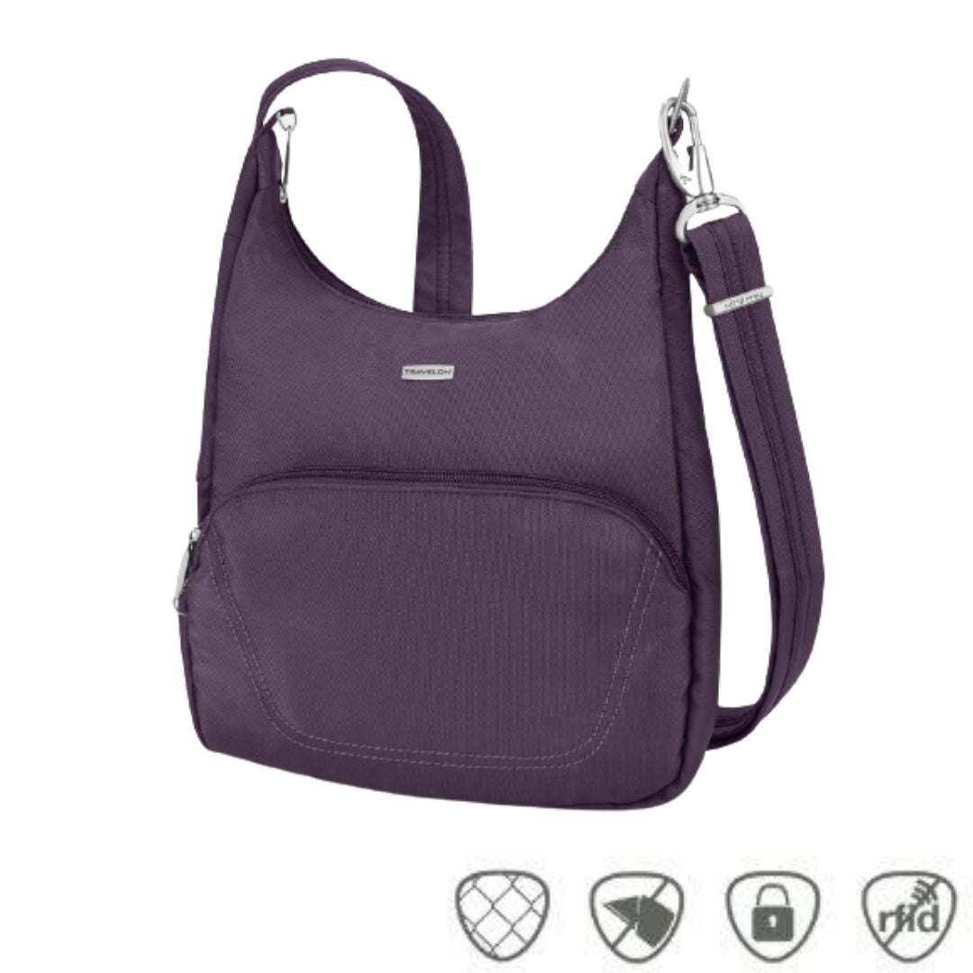 Purple messenger bag with adjustable shoulder strap, front zippered pocket and silver Travelon logo 