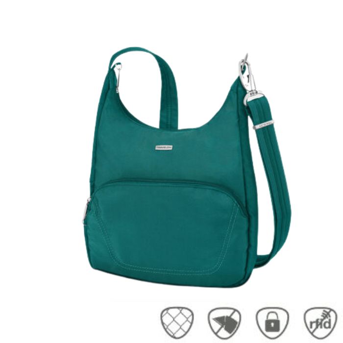 Teal messenger bag with adjustable shoulder strap, front zippered pocket and silver Travelon logo