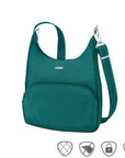 Teal messenger bag with adjustable shoulder strap, front zippered pocket and silver Travelon logo