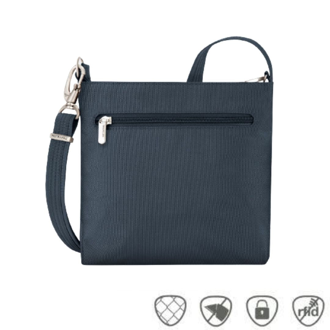 Back view of navy Travelon crossbody bag with back exterior zipper and silver clasps.