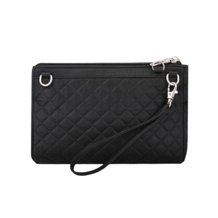 Black quilted crossbody bag. Bag has removable wristlet strap.